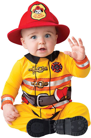 confused baby with fire gear on